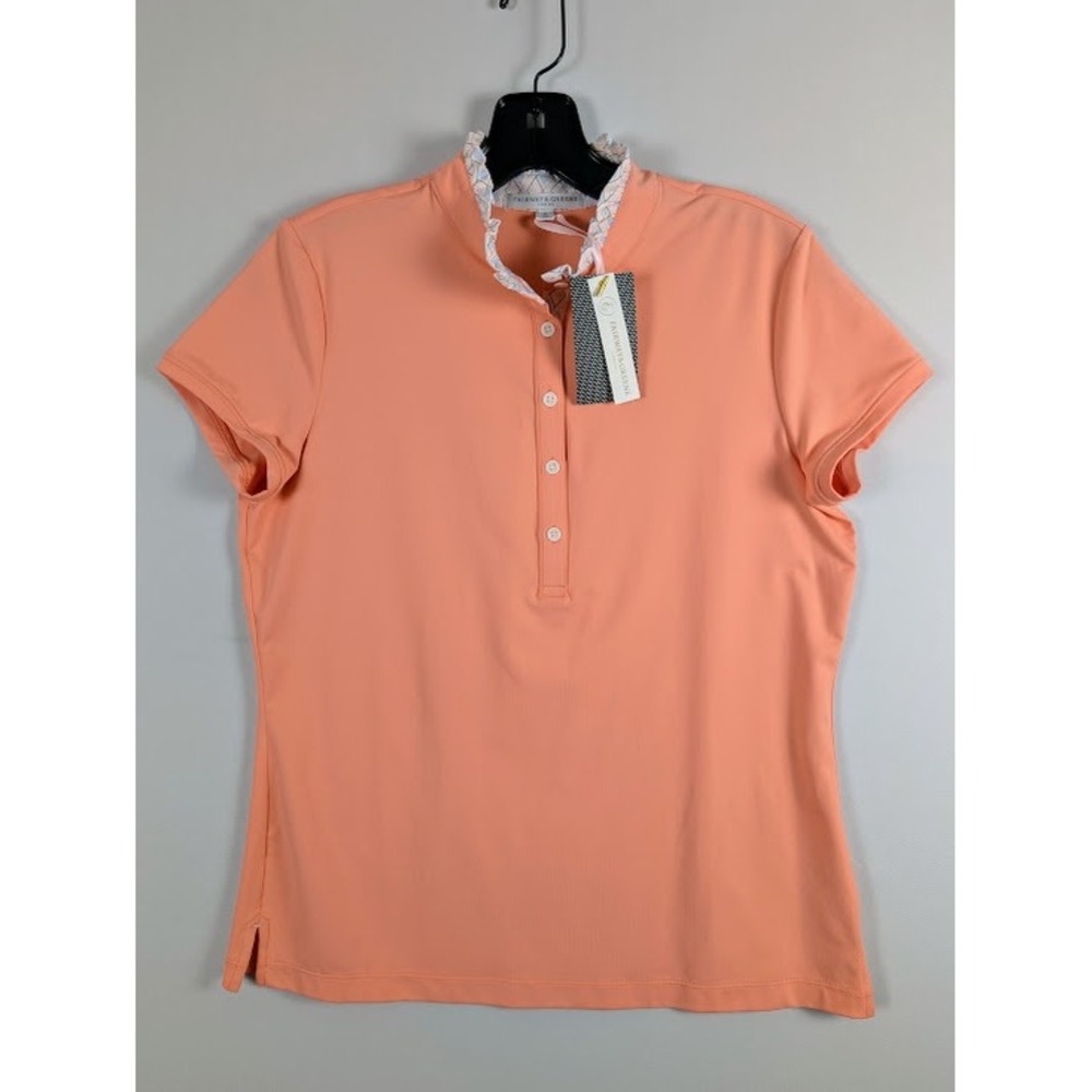 Fairway & Greene Rosie Ruffle Mock Polo Womens SMALL Peachy Coral Golf Shirt NEW